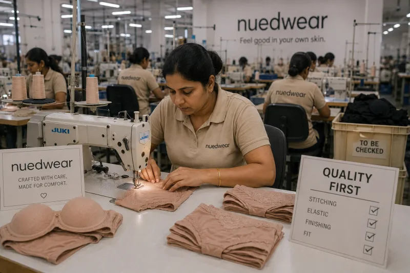 Trims, hooks and elastic assembly in the NuedWears lingerie workshop