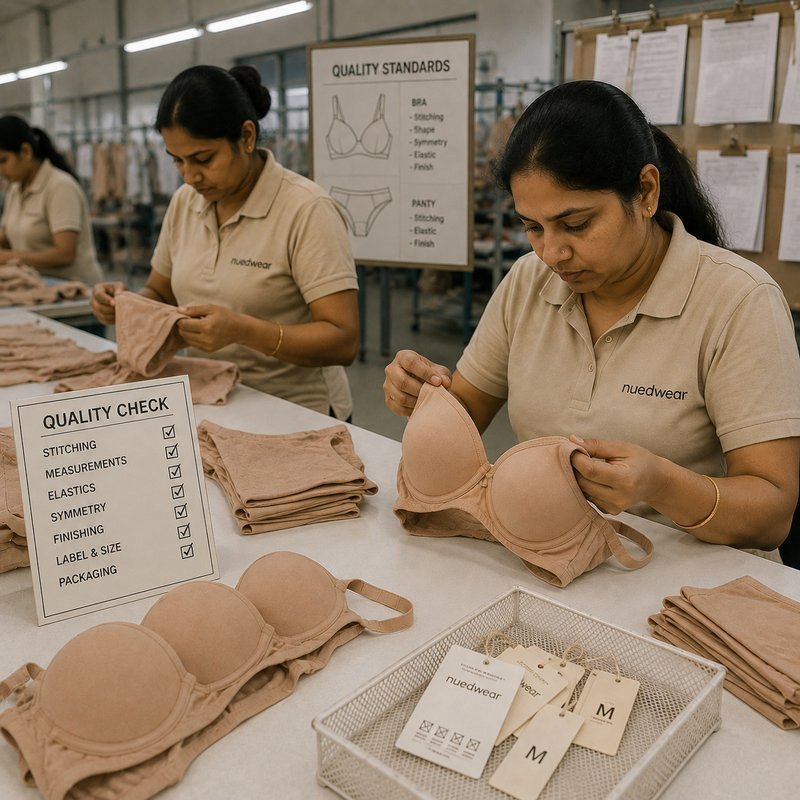 NuedWears quality check — stitching, elastic, size and finish inspected against the standard