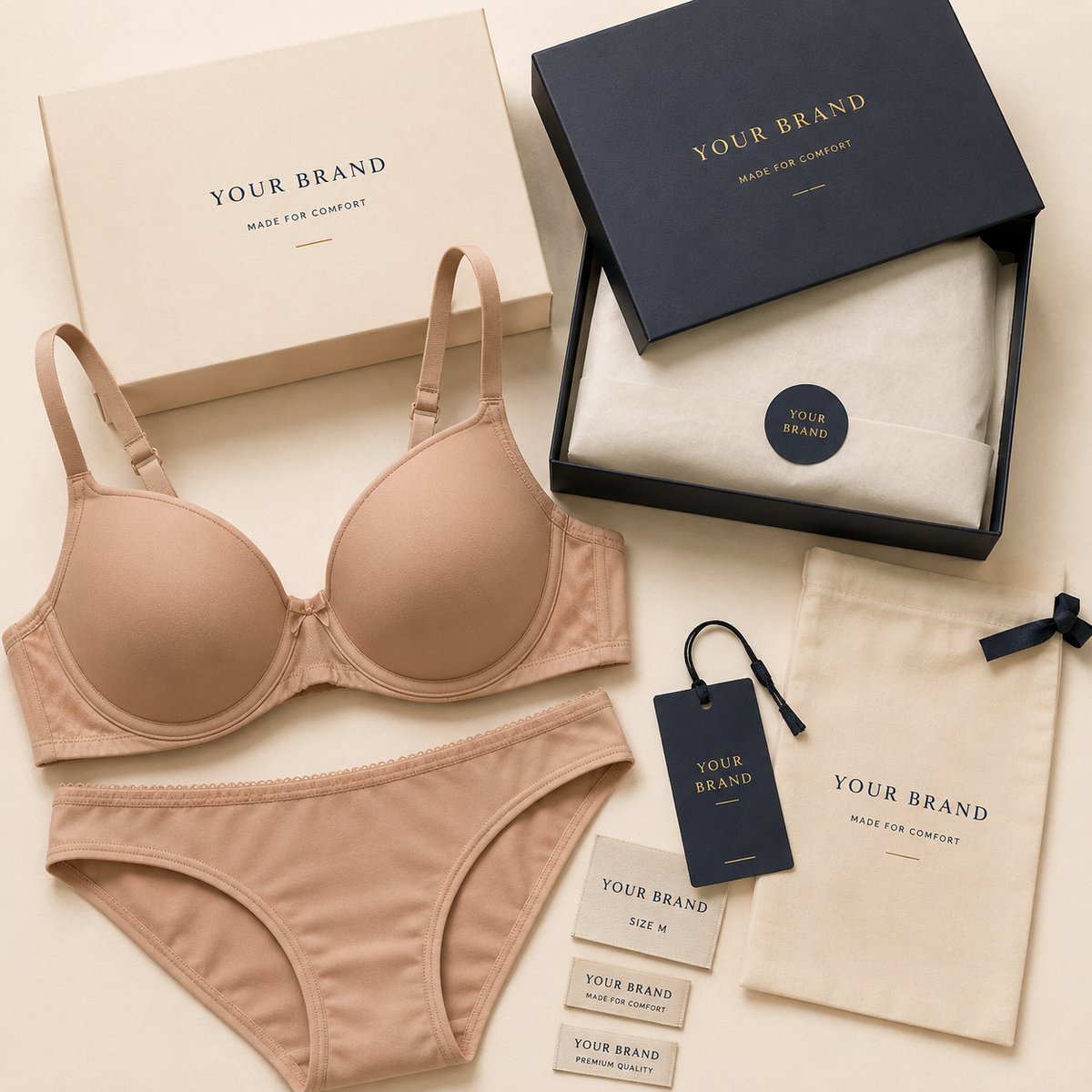 Private label innerwear packaging by NuedWears — custom brand box, hang tag, woven size labels and dust bag