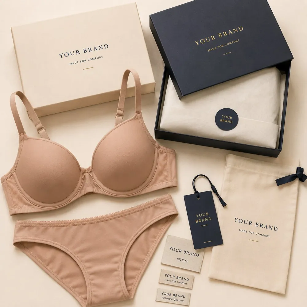 Private label innerwear packaging by NuedWears — custom brand box, hang tag, woven size labels and dust bag